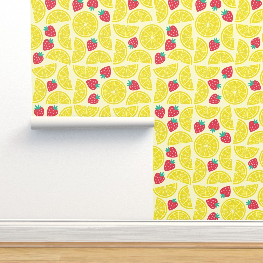 Yellow Summer Red Fruit Geometric Lemon Strawberry Illustrated Juice Lemonade Custom Removable Wallpaper by Spoonflower Peel & Stick Wallpaper 2FT Wide