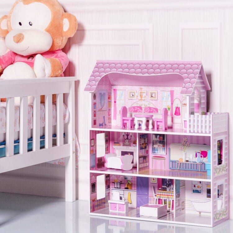 28 Inch Pink Dollhouse with Furniture