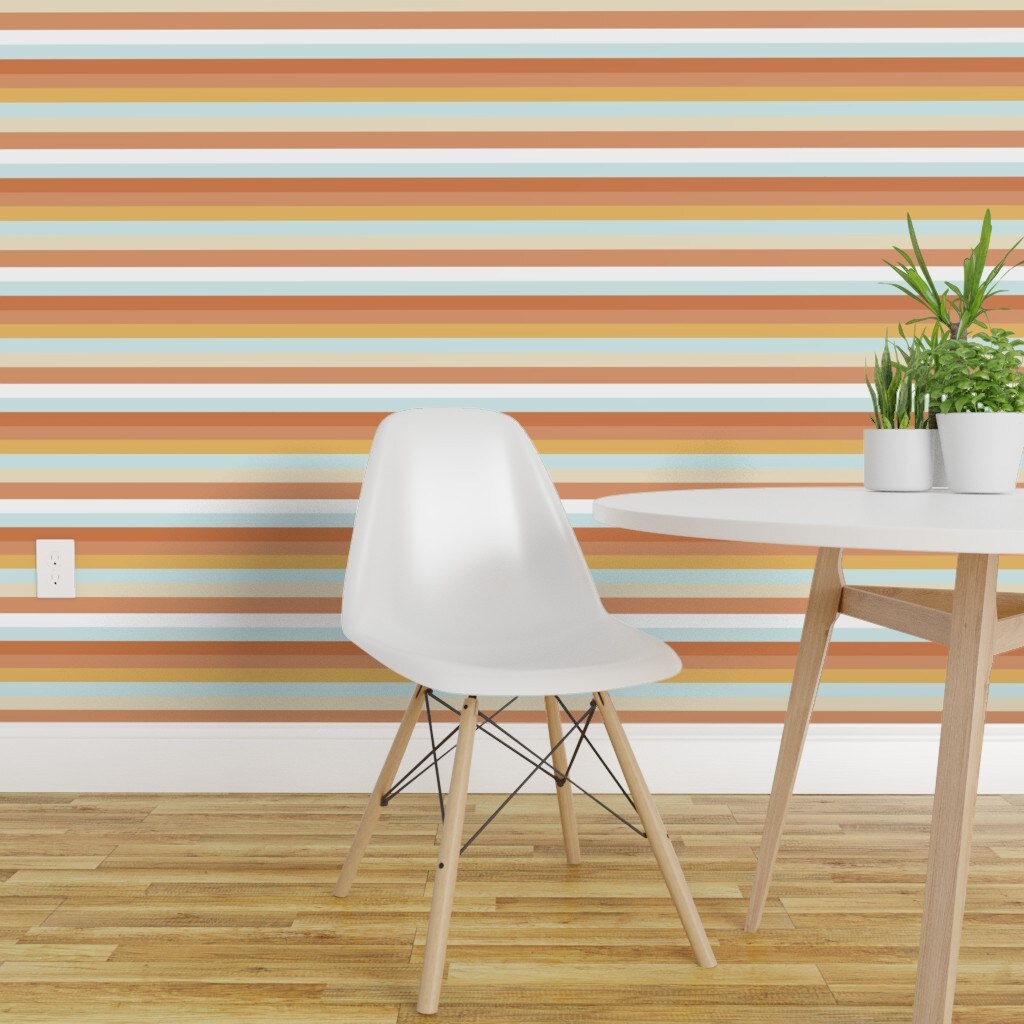 Peel &#x26; Stick Wallpaper 2FT Wide Orange Stripes Coastal Chic Beach House Retro Surfer West Cost Surf Ocean Horizontal Stripes. Custom Removable Wallpaper by Spoonflower