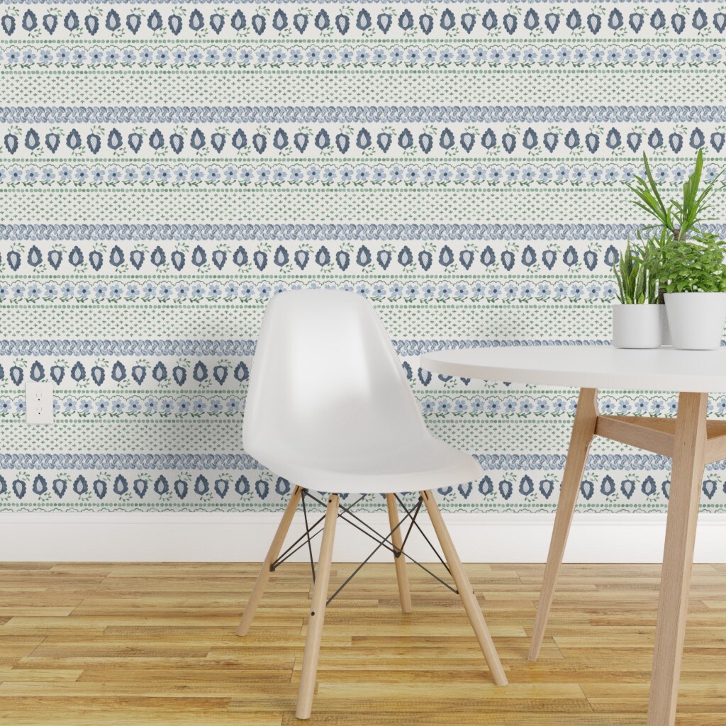 Peel &#x26; Stick Wallpaper 2FT Wide Boho Stripe Paisley Floral French Provincial Clovers Grandmillennial Cottagecore Dots Blue Green Custom Removable Wallpaper by Spoonflower