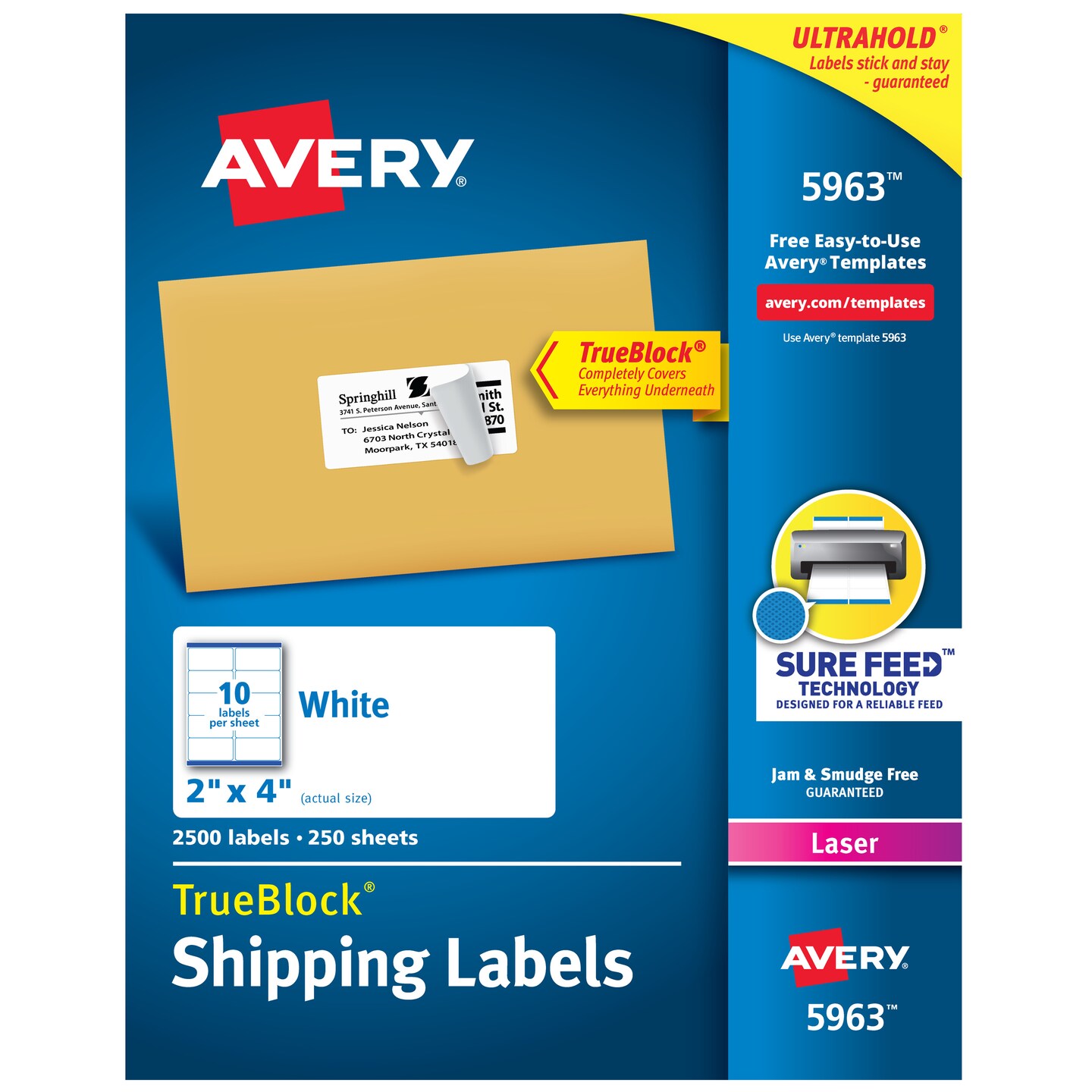 Avery TrueBlock Shipping Labels, Sure Feed Technology, Permanent Adhesive, 2&#x22; x 4&#x22;, 2,500 Labels (5963)