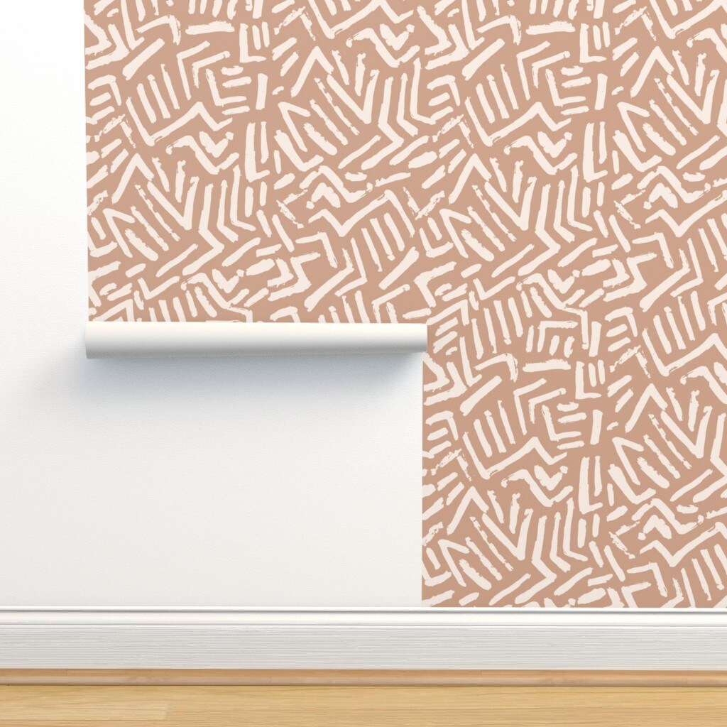 Terra Cotta Geometric Abstract Neutral Artistic Tribal Style Cream Brown Custom Pre-pasted Wallpaper by Spoonflower Pre-Pasted Wallpaper 2FT Wide