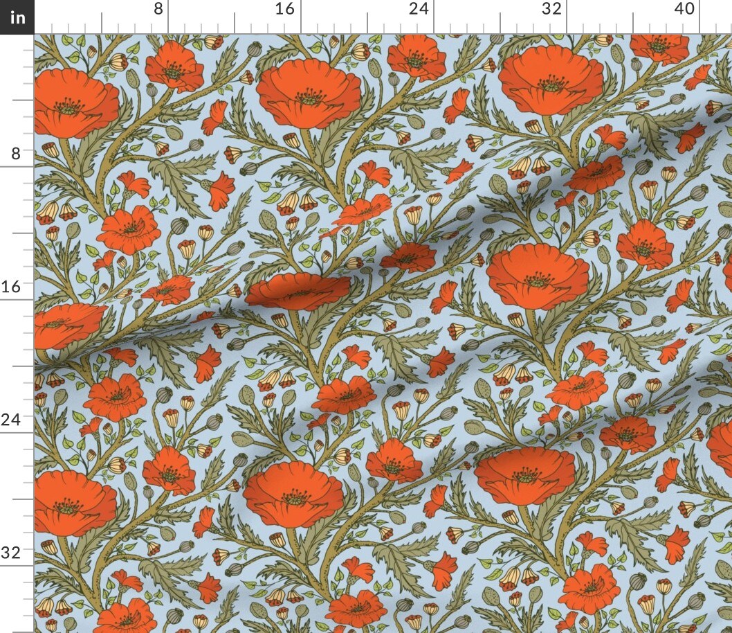 Various Fabrics by the Yard or Fat Quarter Red Poppies Blue Green Hand Drawn Floral Vines Custom Printed Fabric by Spoonflower