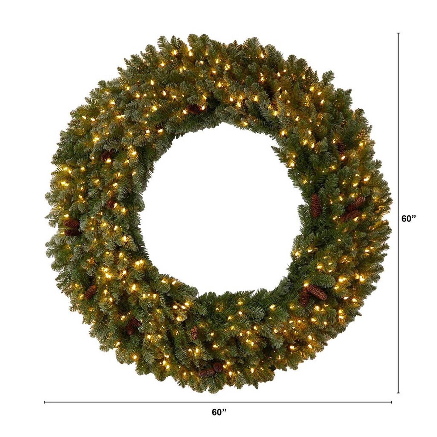 Nearly Natural 5&#x27;D Flocked Artificial Christmas Wreath with Pinecones, 300 Clear LED Lights and 680 Bendable Branches
