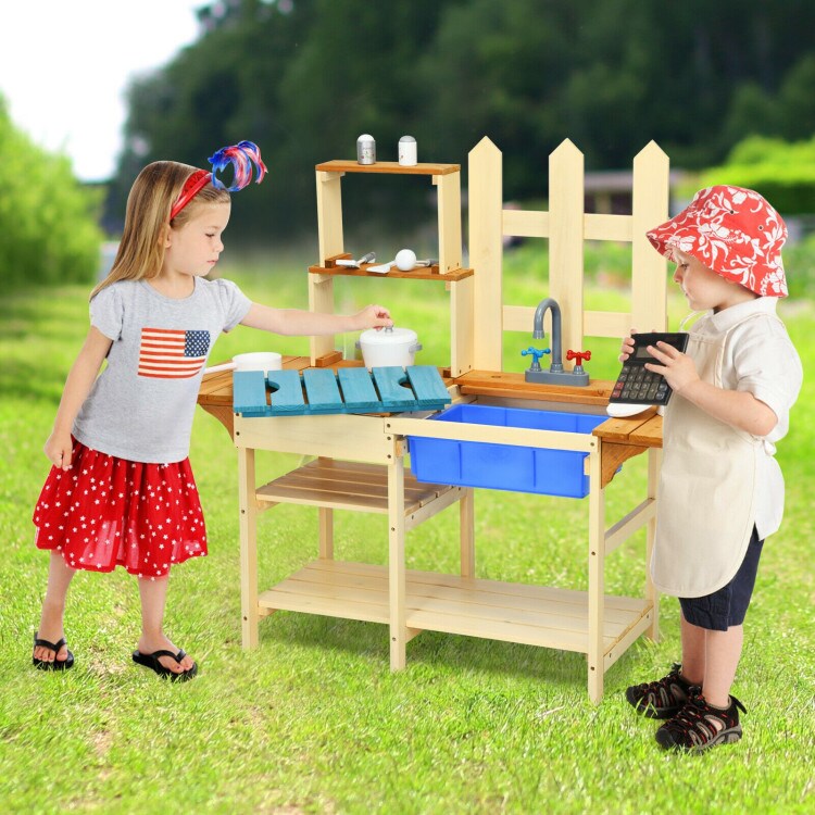 Kid&#x27;s Outdoor Wooden Pretend Cook Kitchen Playset Toy