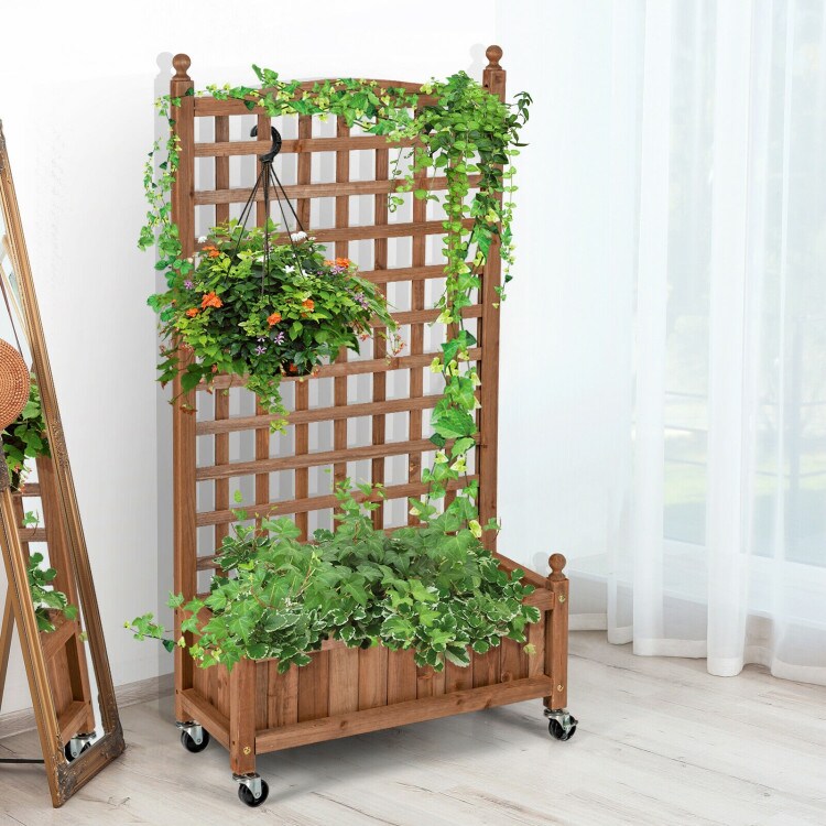 Natural Fir Wood Planter with Climbing Trellis and Wheels 25 Inch Mobile Garden Bed