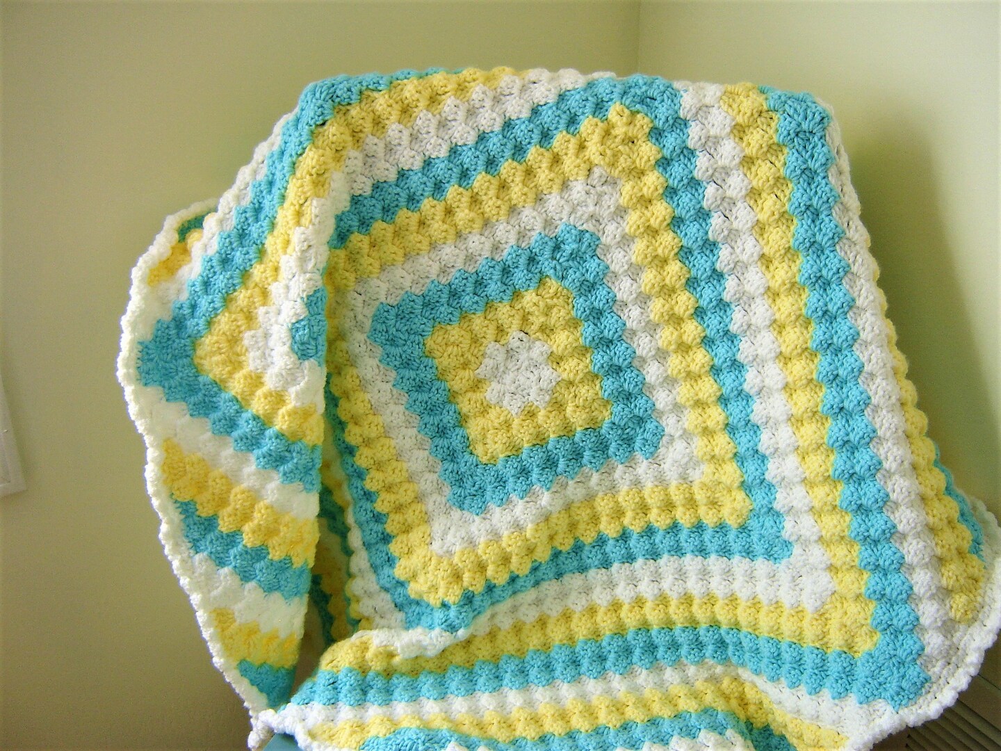 Crochet Baby Blanket Afghan in Teal Yellow and White Gender