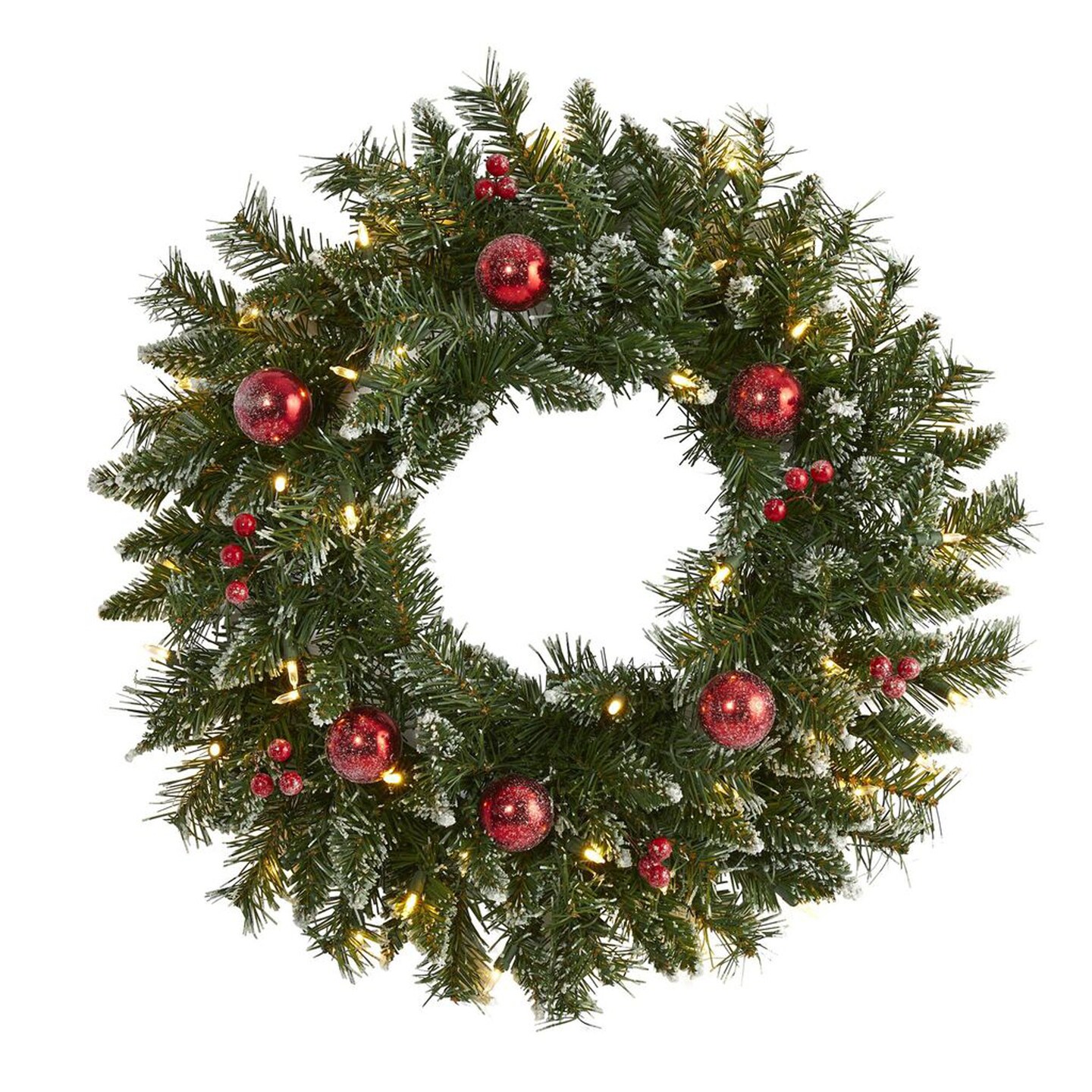 Nearly Natural 24&#x22; Frosted Artificial Christmas Wreath with 50 Warm White LED Lights, Ornaments and Berries