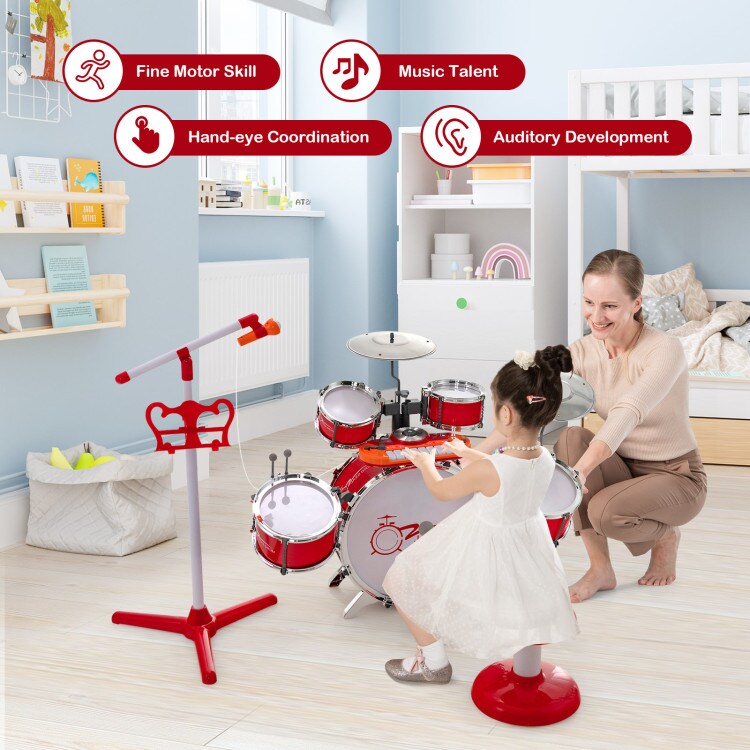 Jazz Drum Musical Instrument Set with Stool and Microphone Stand Ideal for Kids Birthday or Others Occasions