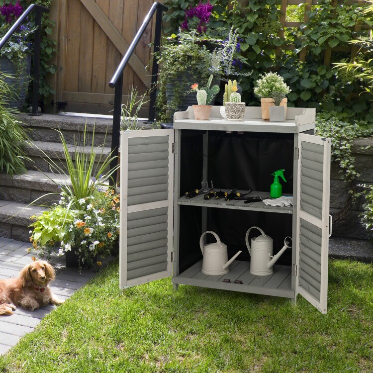 Garden Potting Bench Table with 2 Storage Shelves and Metal Plated Tabletop-Gray