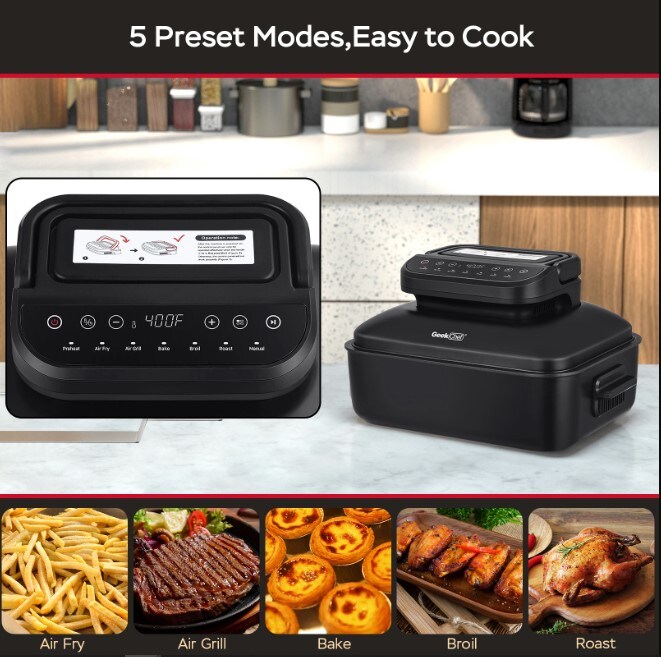 Geek Chef 7 In 1 Smokeless Portable Electric Indoor Tabletop Grill with Air Fry, Roast and Baking - 6-Servings