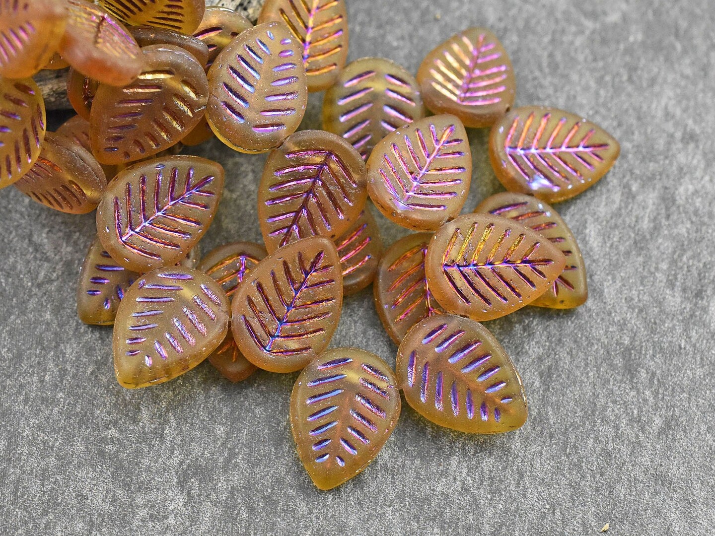 *15* 16x12mm Metallic Volcano Washed Matte Topaz Top Drilled Doogwood Leaf Beads