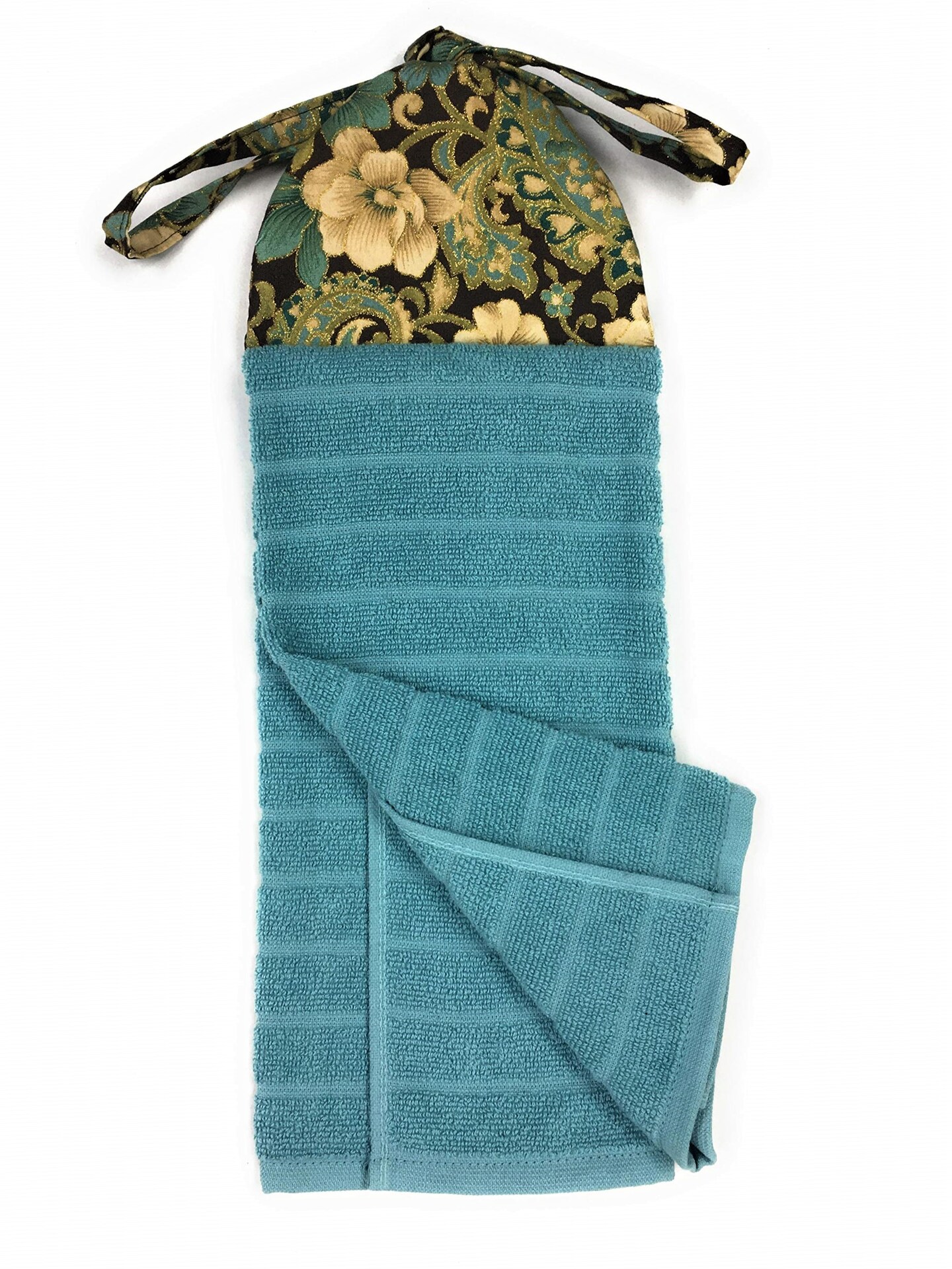 Teal, Brown, Beige Floral Hanging Kitchen Towels, Teal Hand Towels