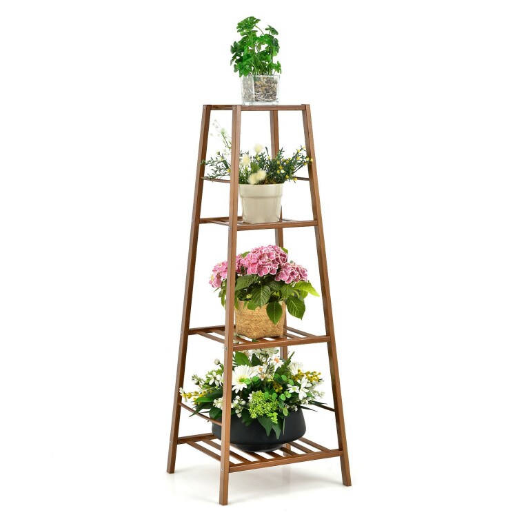 4-Potted Bamboo Tall Plant Holder Stand