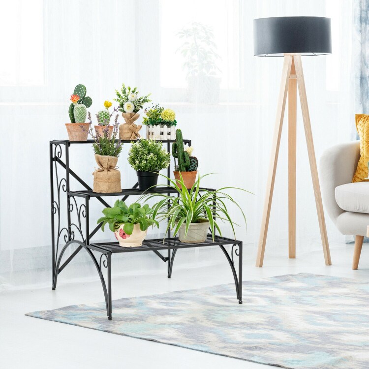 Black 3-Tier Metal Plant Stand Ladder Style Shelves Indoor Outdoor