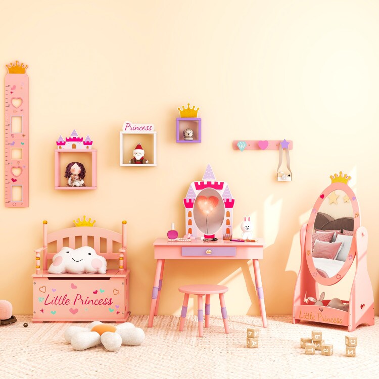 Pink Kids Vanity Table with Silver Mirror Stool Storage Drawer and Accessories MDF