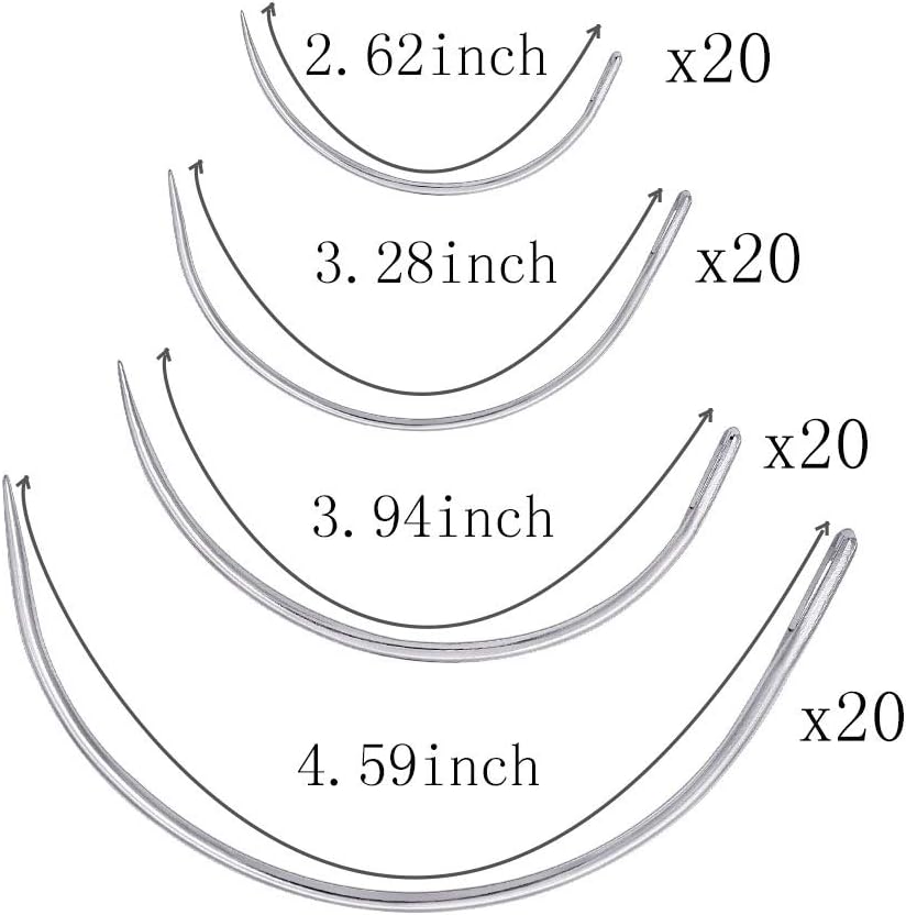 80Pcs Curved Needles BUTUZE Plastic Needle Case with 4 Sizes Hooked Needle for Stitching,Sewing,Embroidery,Hair Weaving