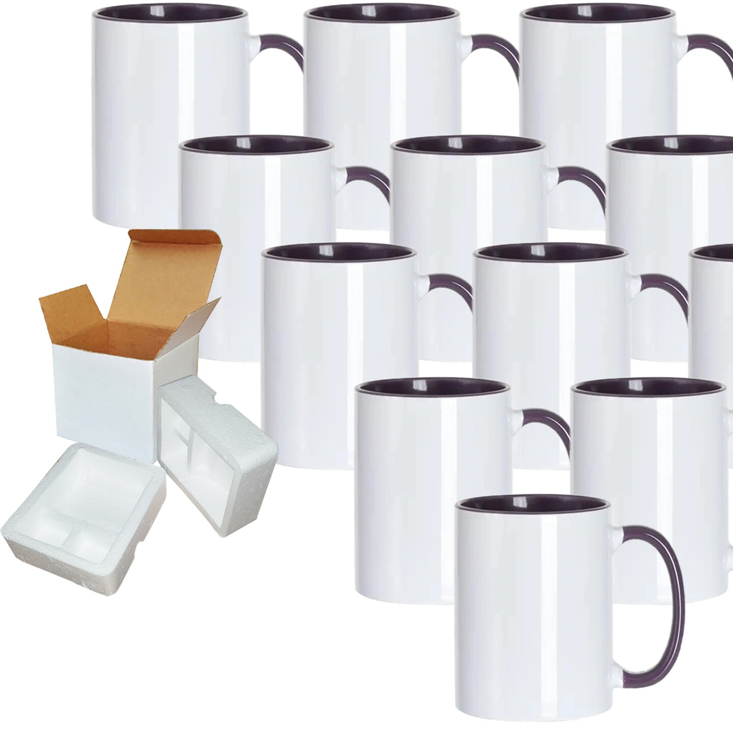 Purple Sublimation Mugs - 12 Pack (11oz) | Purple Interior And Handle | Individually Packaged | Foam Support Boxes