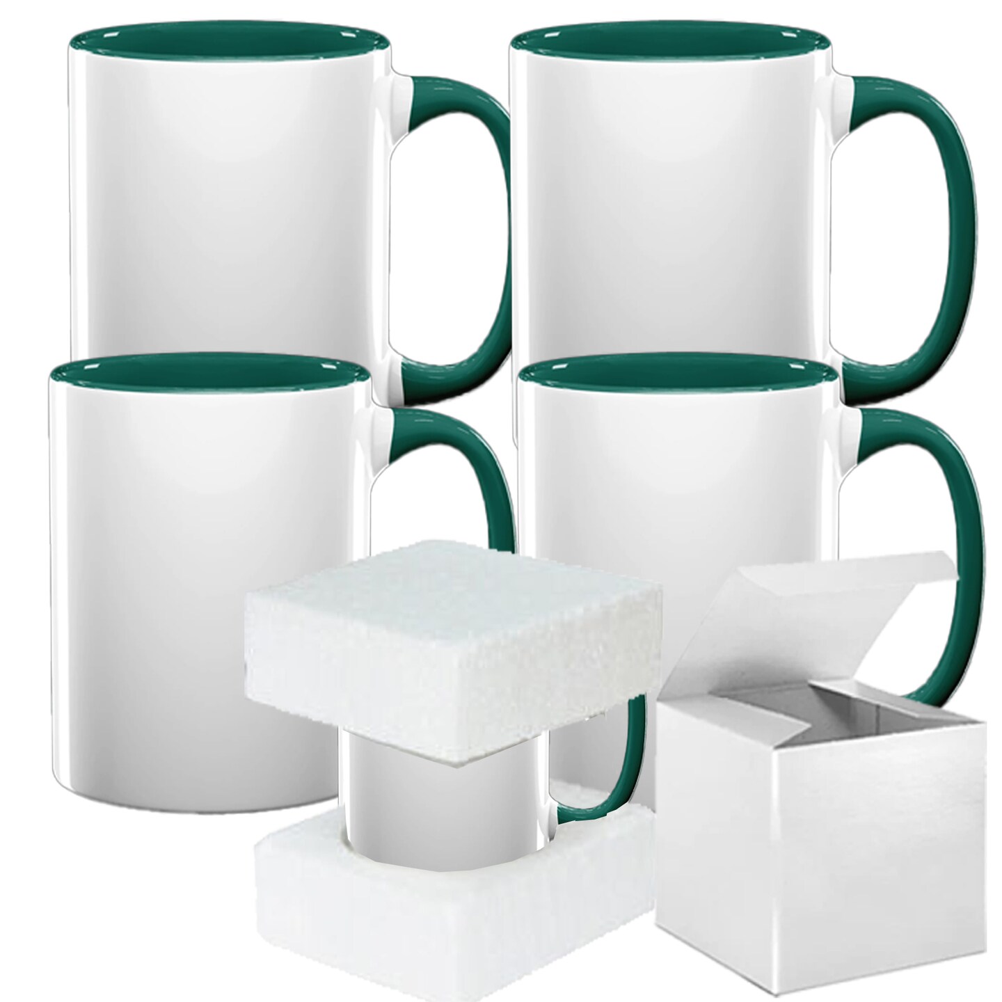 4-Pack of 11oz Sublimation Mugs with Hunter Green Inner And Handles,  Includes Foam Shipping Box