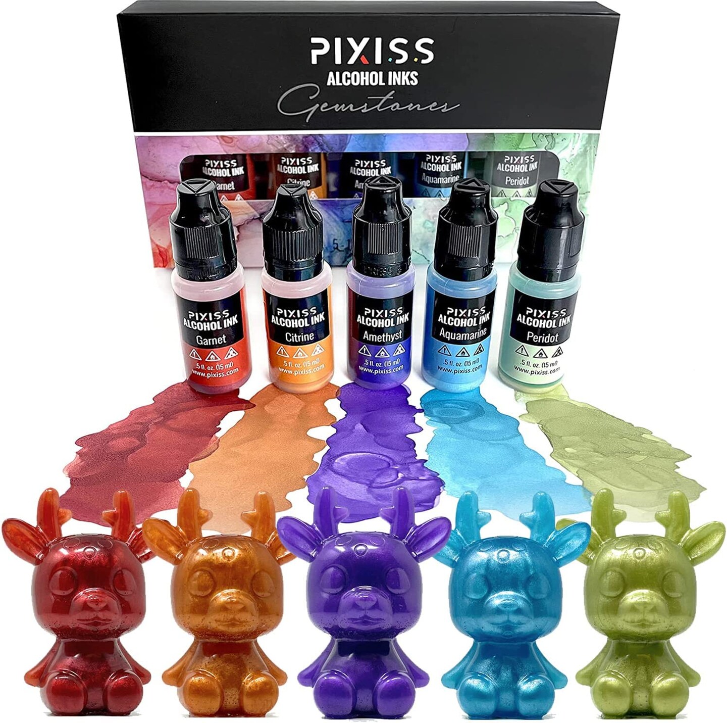 Pixiss Gemstone Alcohol Inks Set, 5 Highly Saturated Gemstone Alcohol Inks for Resin