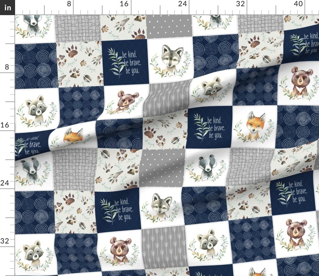 Various Fabrics by the Yard or Fat Quarter Woodland Quilt Patchwork Baby Boys Woodland Nursery Navy Blue Gray Forest Bear Badger Custom Printed Fabric by Spoonflower