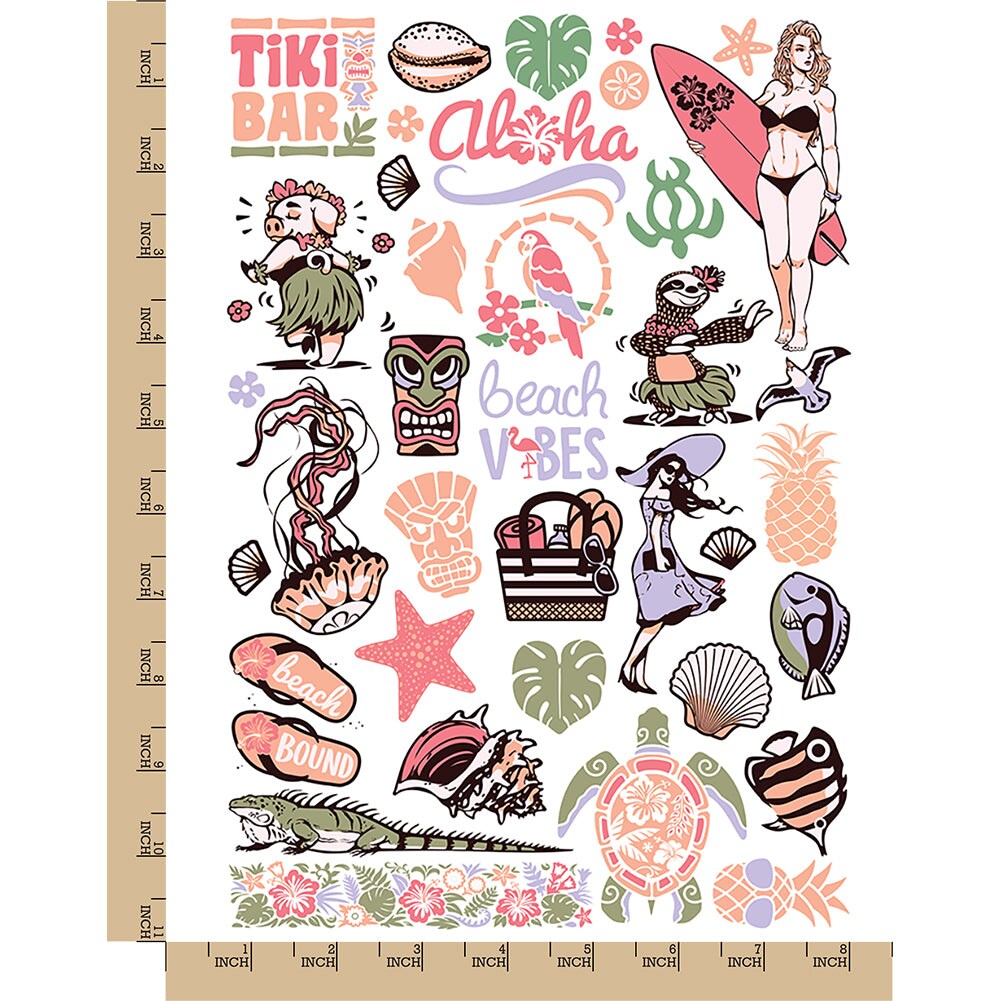 Beach Tropical Vacation Temporary Tattoo Water Resistant Fake Body Art Set Collection