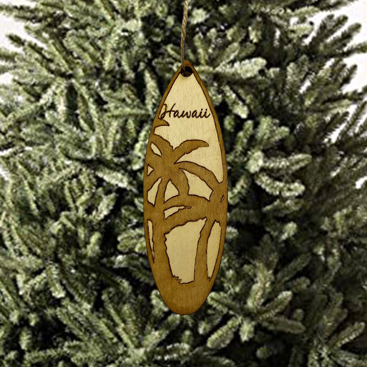 Ornament - Hawaii Palm Tree Surfboard - Raw Wood Maple Ornament - Hawaii Palm Tree Surfboard - Raw Wood Maple
