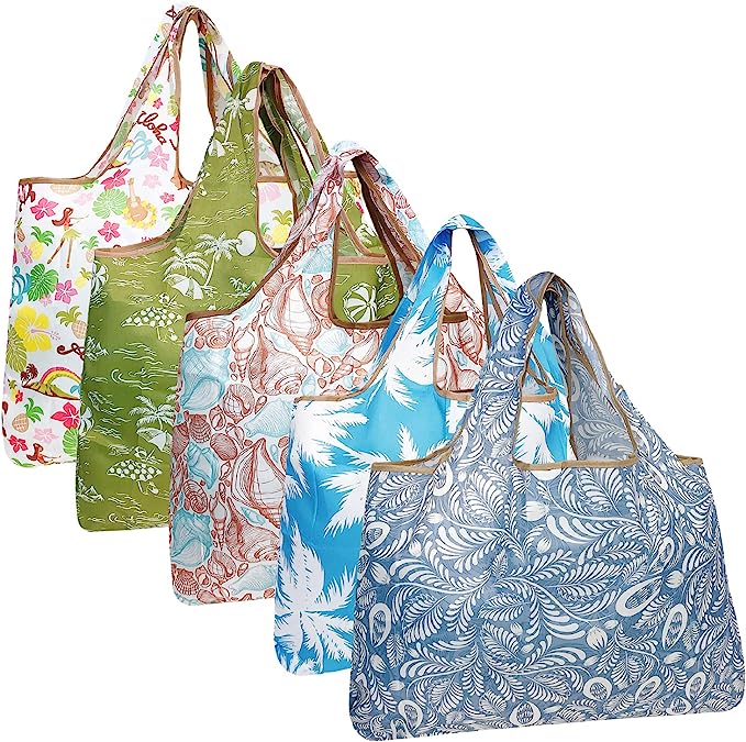 Wrapables Large Foldable Tote Nylon Reusable Grocery Bags, 5 Pack