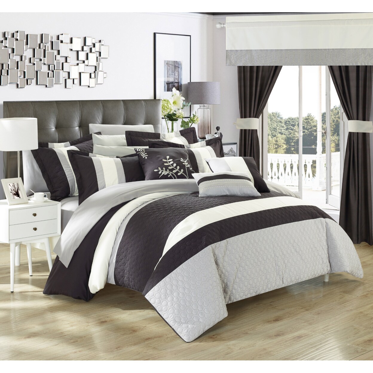 Chic Home 24 Piece Placido Complete Bedroom Set with Octagon Embroidery Color Block pattern