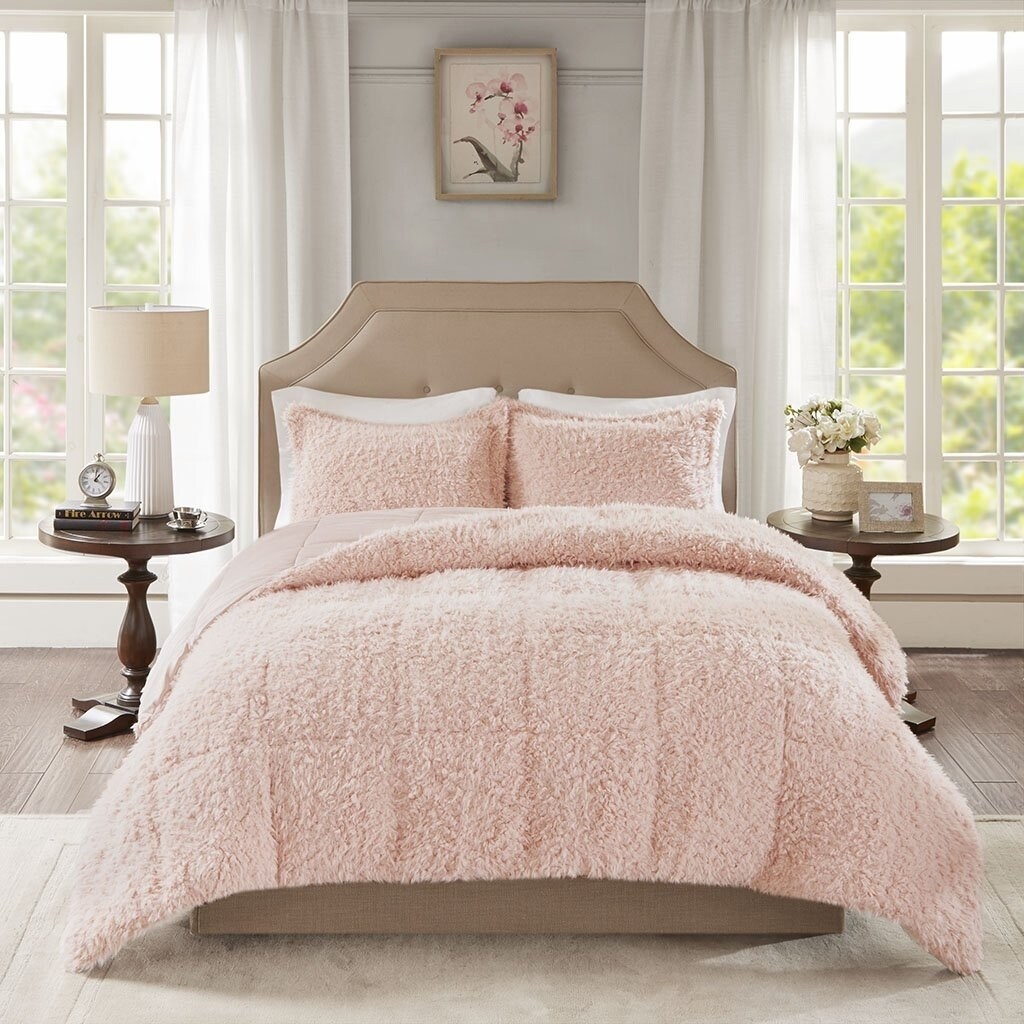 Madison Park   Nova Faux Mohair Reverse Faux Mink Comforter Set Blush King