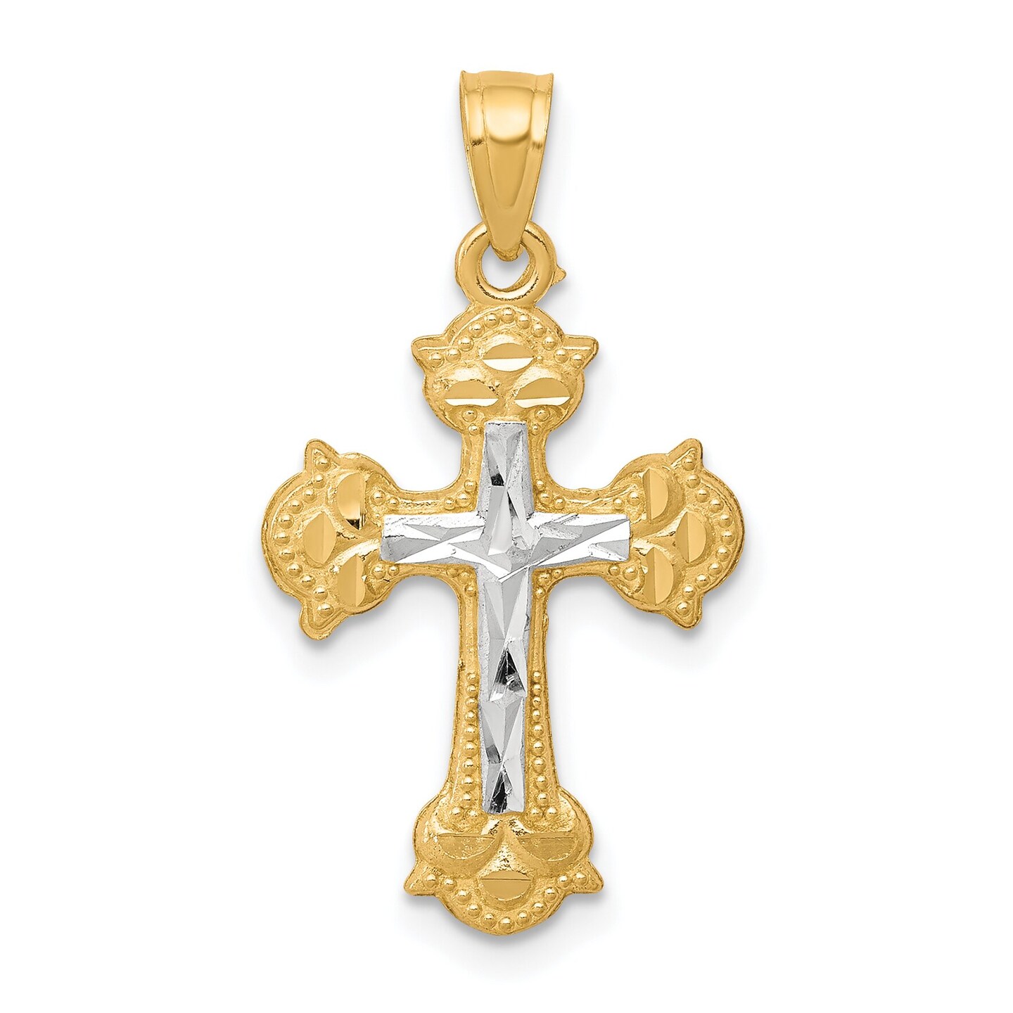 10K Gold & Rhodium Plated Diamond Cut Cross Pendant Charm Jewelry 25 x 16mm