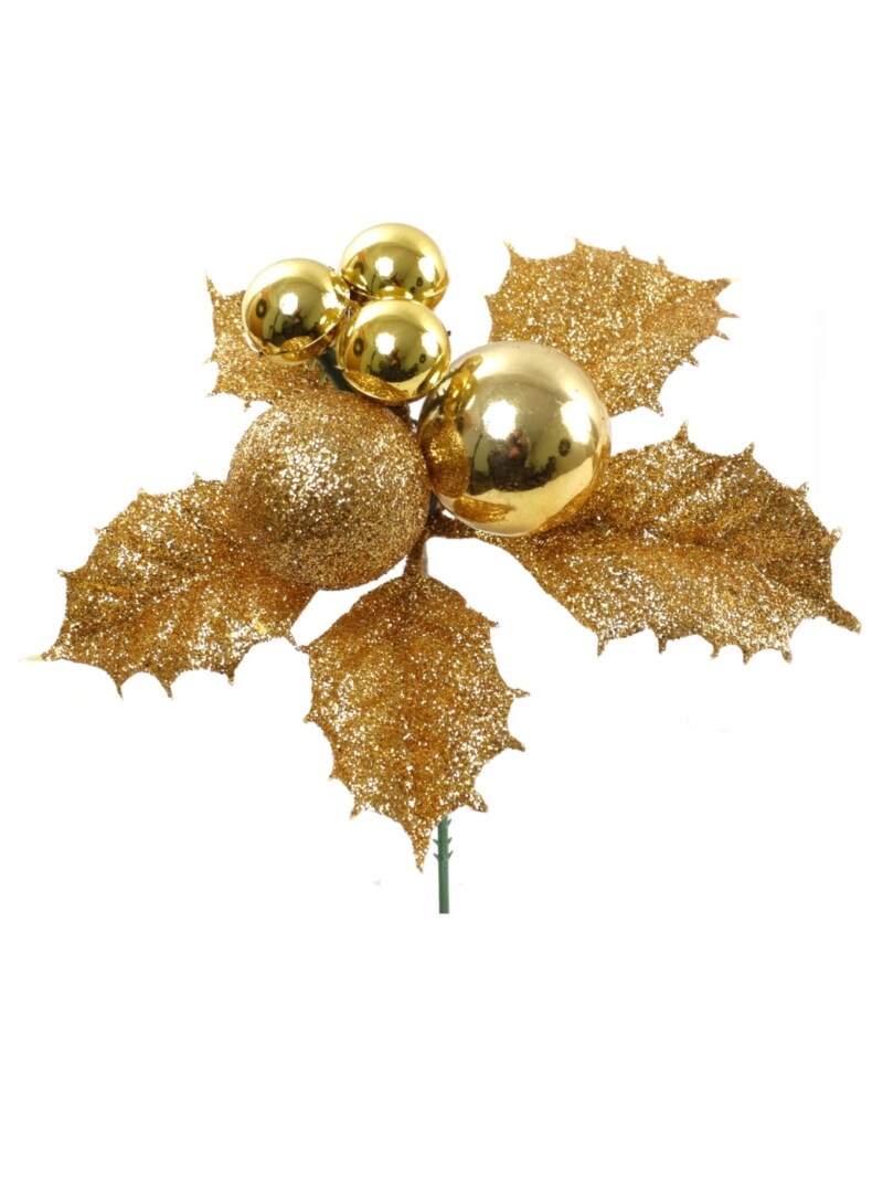 Set of 12: Sparkling Gold Glitter Holly Pick with Ornament Balls | Festive Holiday Decor | Trees, Wreaths, &#x26; Garlands | Christmas Picks | Home &#x26; Office Decor
