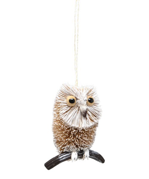 GC Home &#x26; Garden 4.5&#x201D; Brown and White Whimsical Bristle Brush Handcrafted Frosted Owl Hanging Ornament