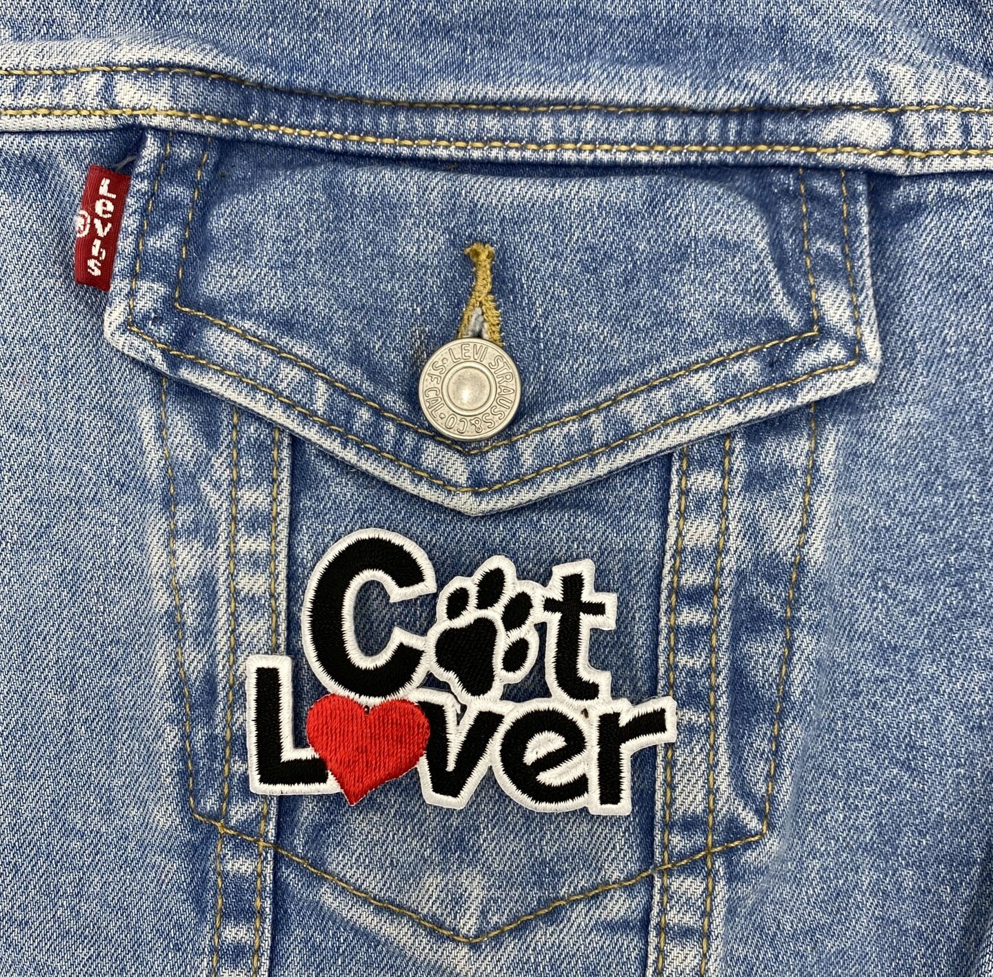 Cat Lover with Paw, Red Heart, Embroidered, Iron on Patch