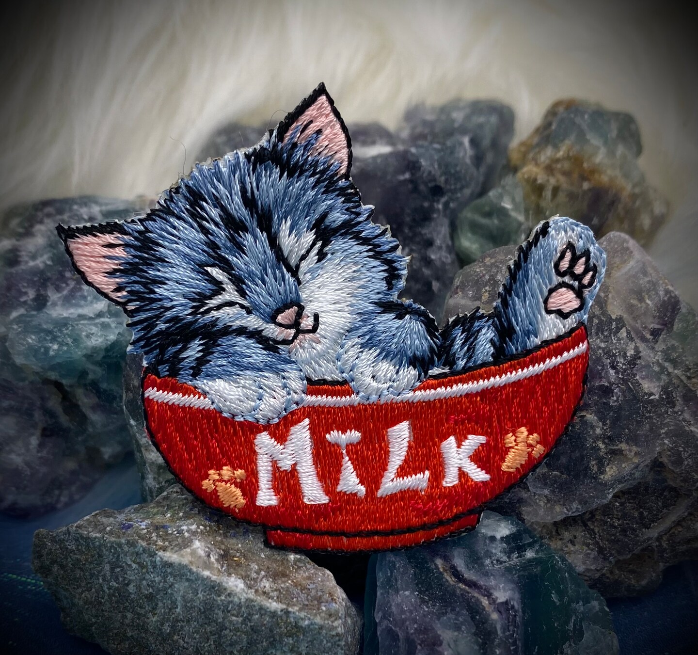Cat in Red Milk Bowl, Pets, Kitten, Embroidered, Iron on Patch