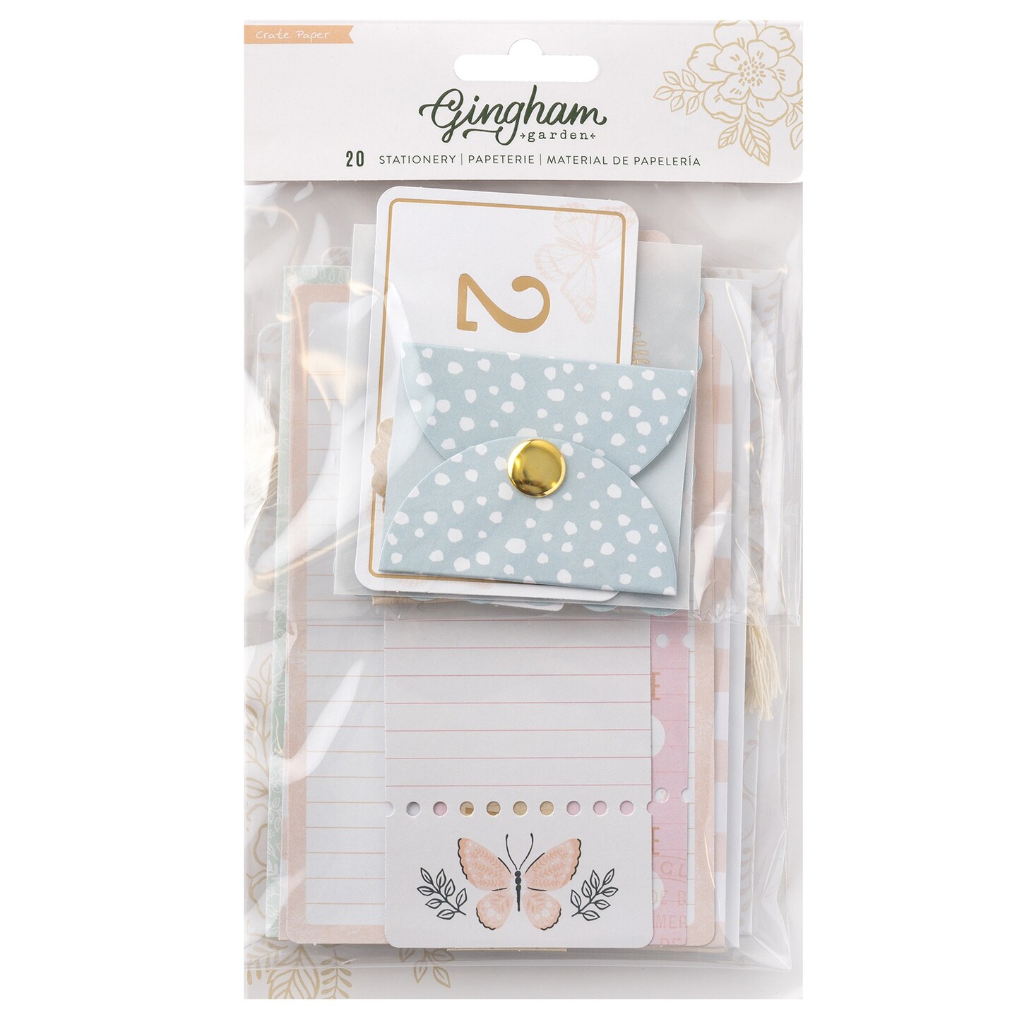 Gingham Garden Stationery Pack 20/Pkg-W/Gold Foil