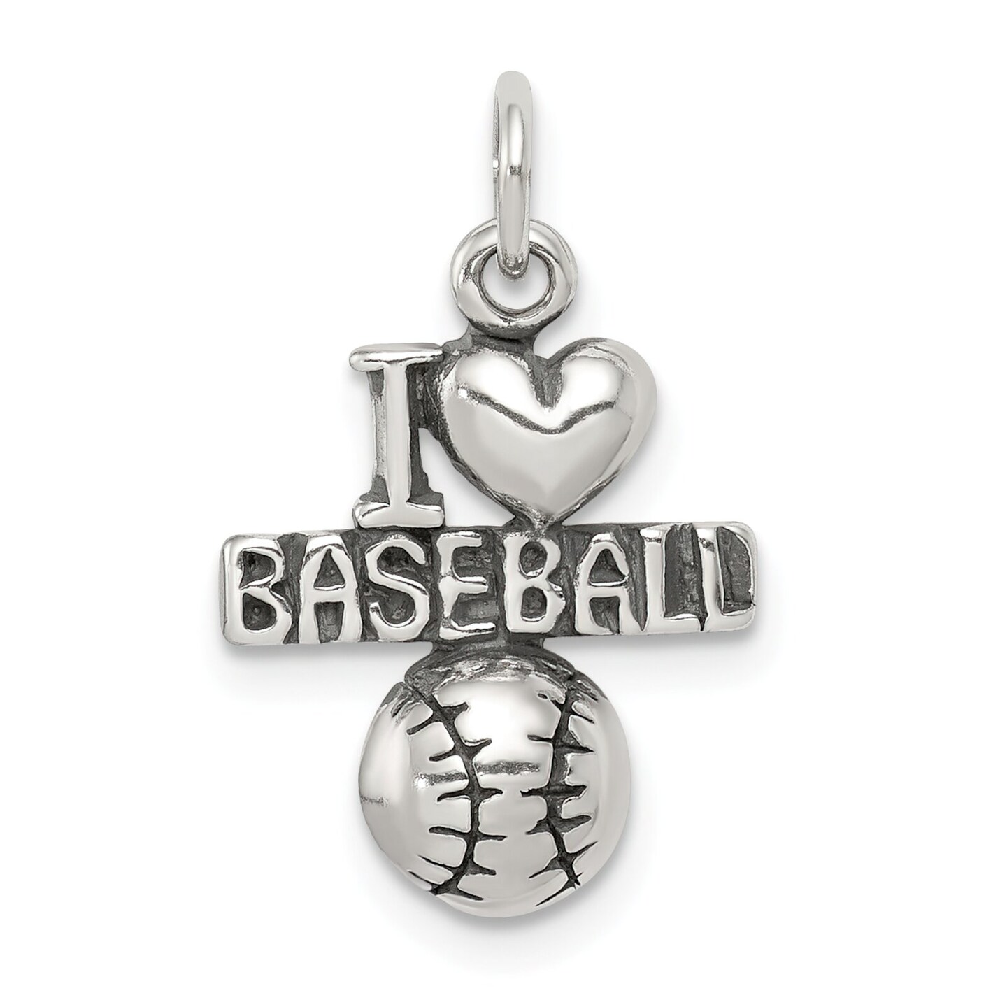 Sterling Silver Antiqued I Love Baseball Charm Pendant Jewerly 16mm x 13mm
