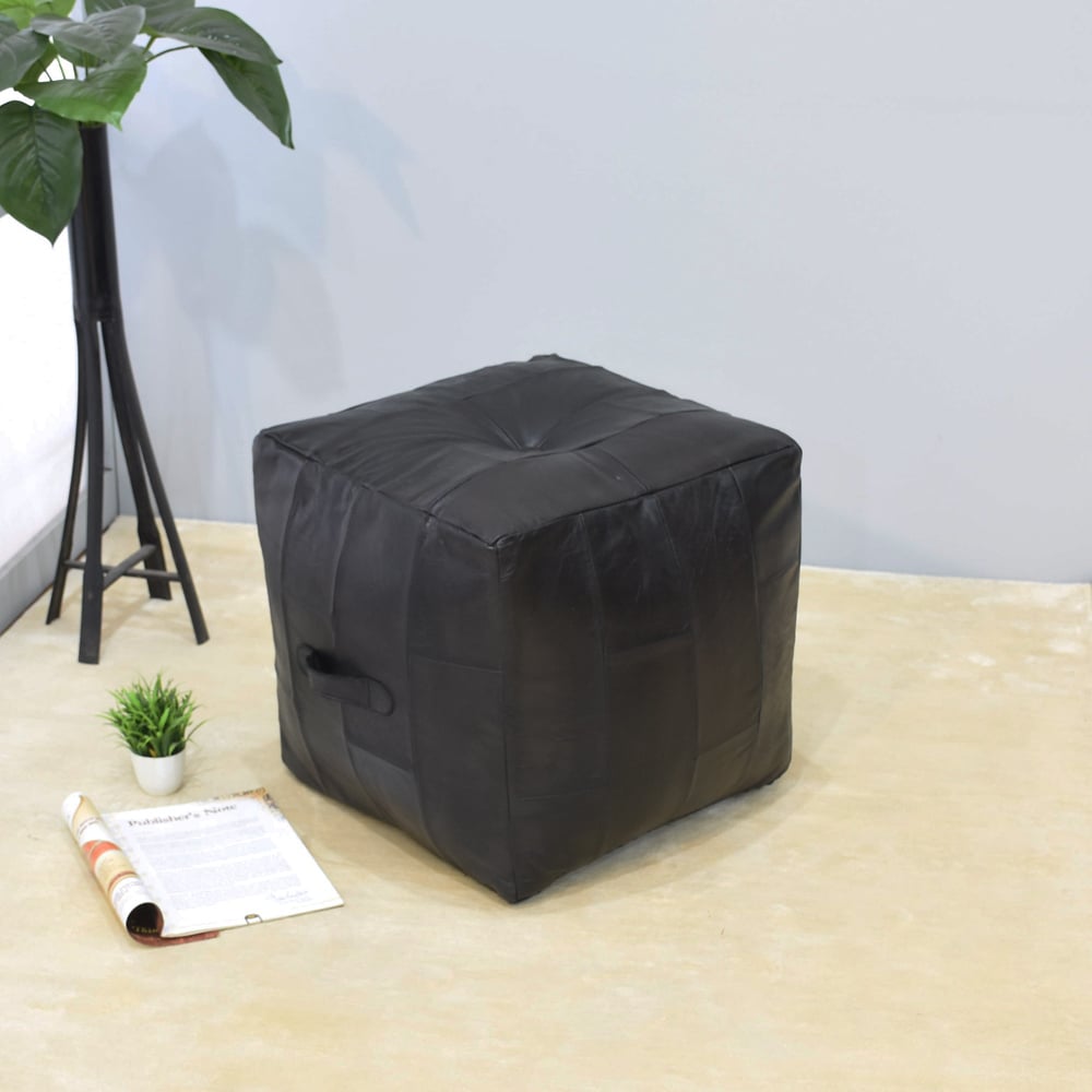BBH Homes   Handmade Black Square Shaped Leather Pouf Ottomans BBBACPF0025