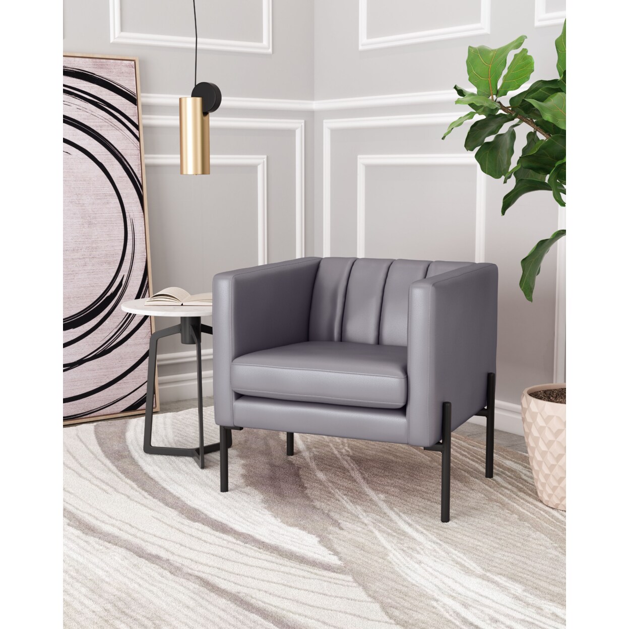 Jess Accent Chair Mid Century Modern Vinyl Cover Steel Frame Matte Black Legs
