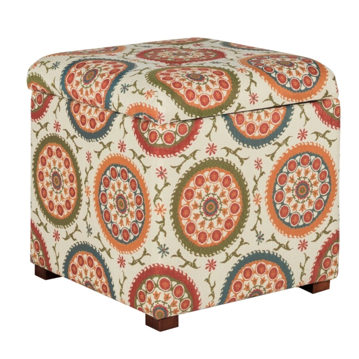 Saltoro Sherpi Suzani Patterned Fabric Upholstered Wooden Ottoman with Hidden Storage, Multicolor-