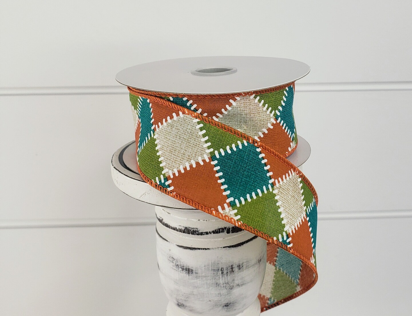 1.5&#x22;x10YD Fall Stitch Check Wired Ribbon - Teal/Moss/Orange/Natural - Cozy and Vibrant Accent for Autumn Crafts and Decor-(61101-09-33)