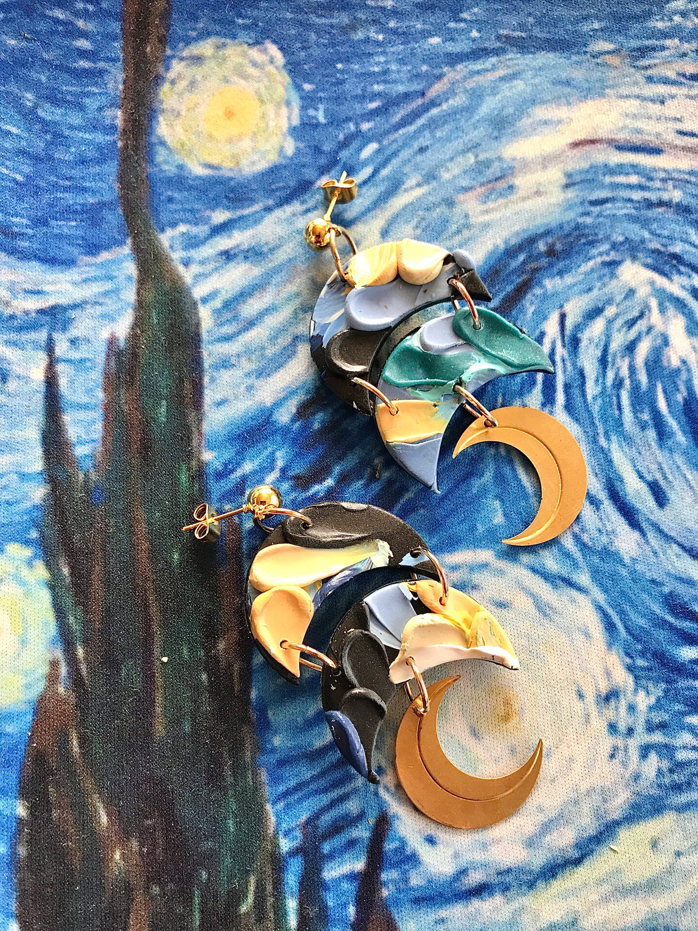 Copy-Starry Night Earrings, Vincent Van Gogh Impressionism Earring, Impasto Painting painted wearable art textured night sky moon paint earr