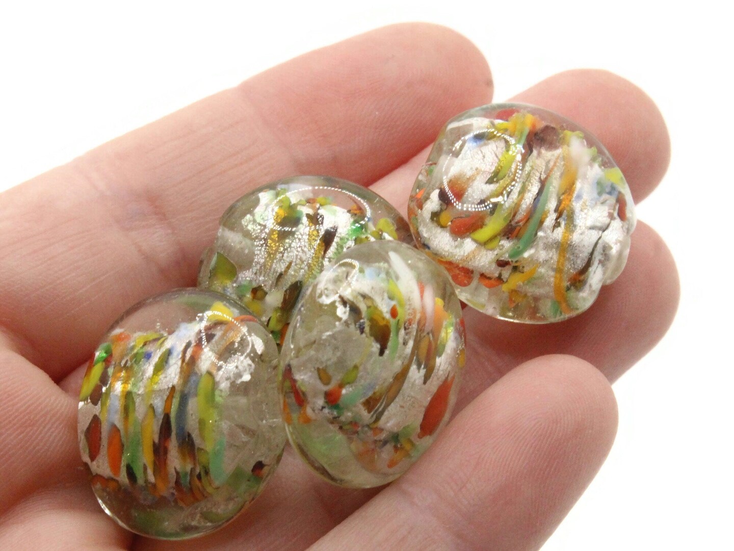 4 21mm Clear Speckled Coin Flat Round Lampwork Glass Beads
