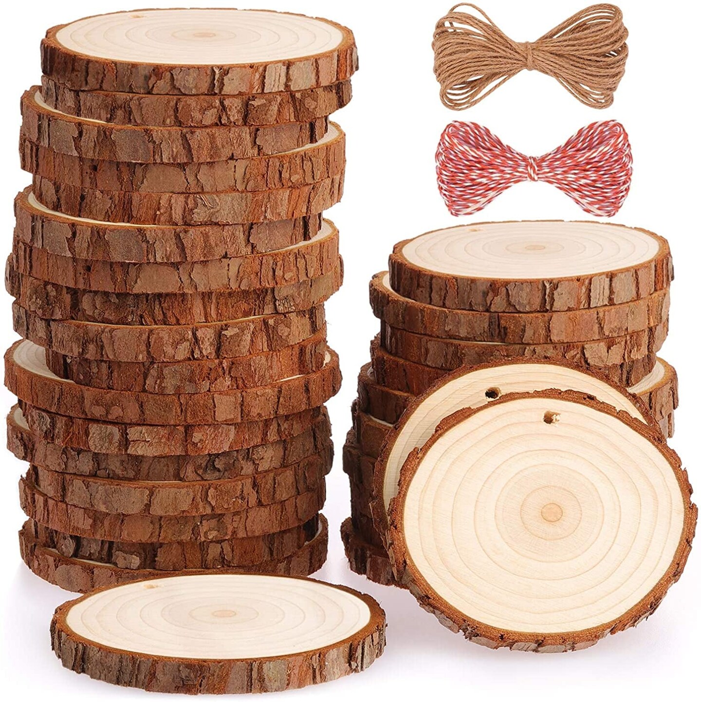 Natural Wood Slices, 30 Pcs 3.5-4 Inch Unfinished Predrilled Wooden Circles Tree Slice with Hole &#x26; Barks for DIY Arts Craft Christmas Ornaments