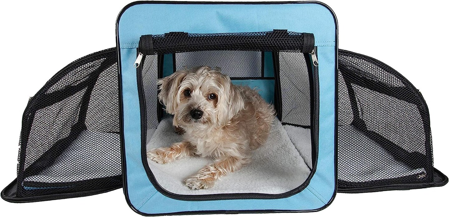 Pet Life Capacious Dual-Expandable Wire Folding Lightweight Collapsible Travel Pet Dog Crate Blue-L