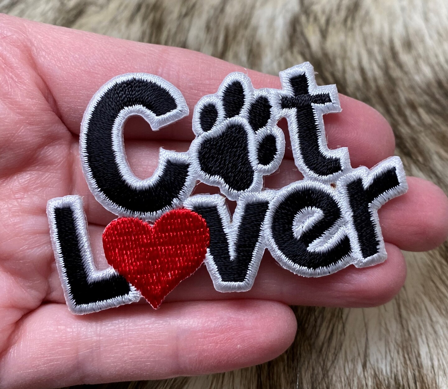 Cat Lover with Paw, Red Heart, Embroidered, Iron on Patch