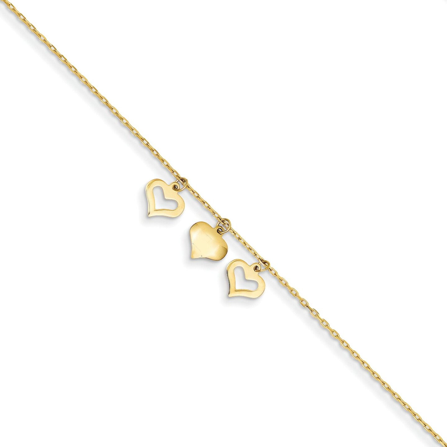 14K Gold 3 Hearts Anklet With 1