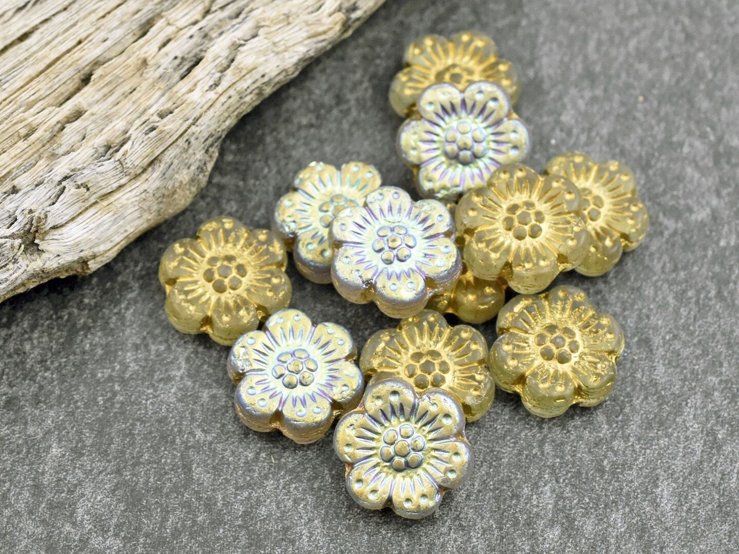 *12* 14mm 1/2 AB Gold Washed Matte Crystal Wildflower Beads