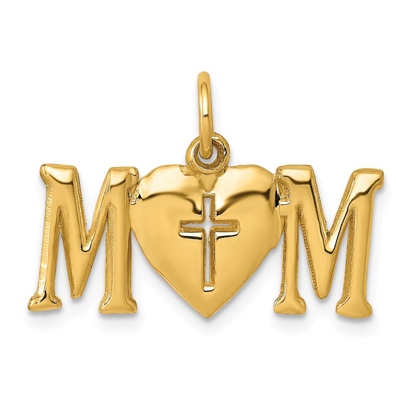 14K Gold Mom with Heart &#x26; Cross Charm Mother Pendant Jewerly 16mm x 22mm
