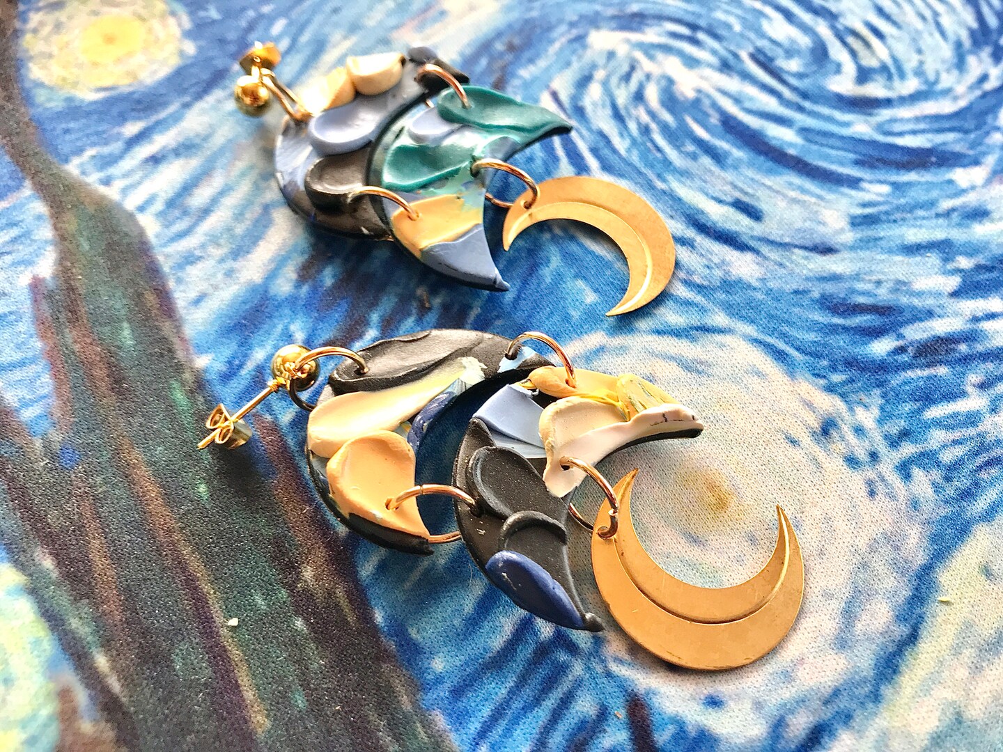 Copy-Starry Night Earrings, Vincent Van Gogh Impressionism Earring, Impasto Painting painted wearable art textured night sky moon paint earr 210988088611176448